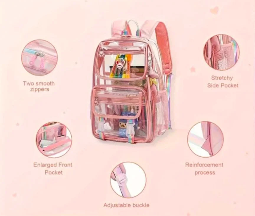 Maod Clear Backpack for Girls Cute Transparent Heavy Duty Kids School Book Bags, Purple, Medium, Clear Backpack