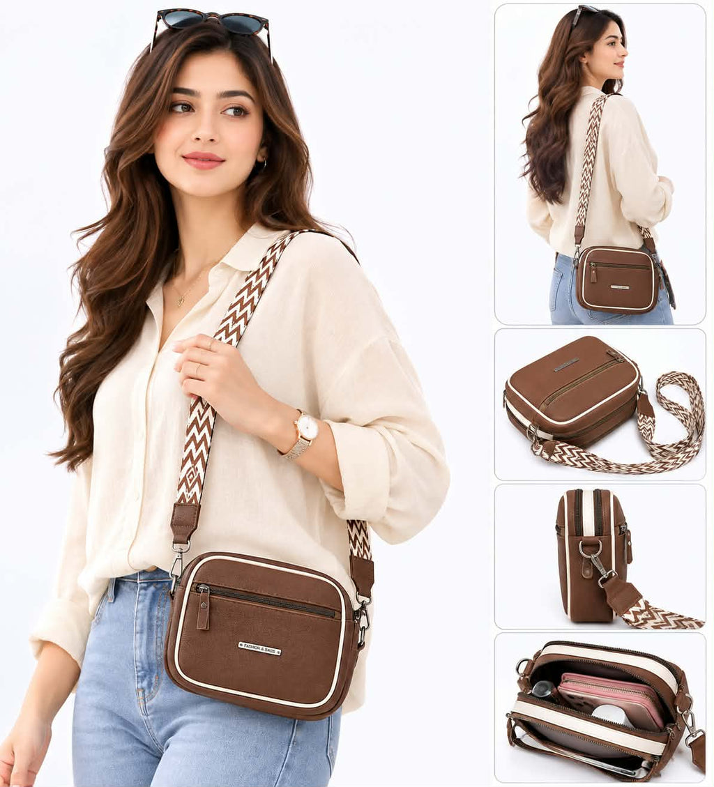 Women's Premium Brown Crossbody Shoulder Bag | Stylish PU Leather Sling Bag | Adjustable Wide Strap | Double Zip Casual Messenger Bag for Girls