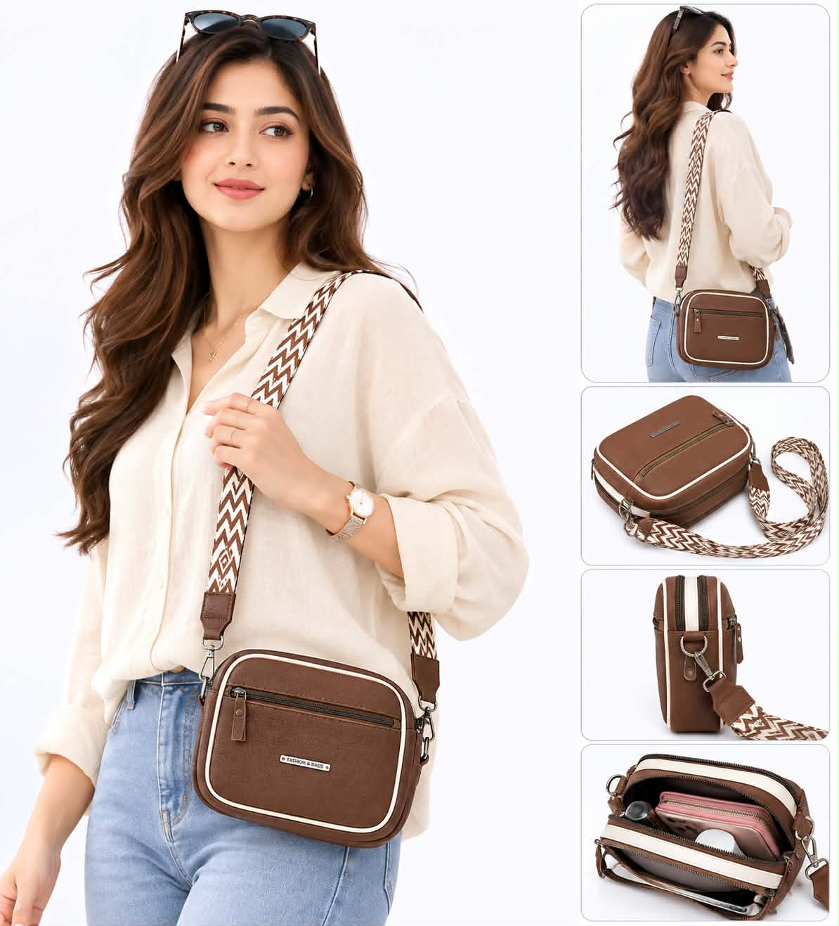 Women's Premium Brown Crossbody Shoulder Bag | Stylish PU Leather Sling Bag | Adjustable Wide Strap | Double Zip Casual Messenger Bag for Girls