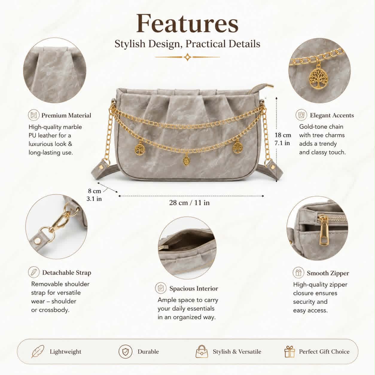 Women's Elegant Pleated Shoulder Bag/Cross Body Bag with Gold Chain For Girls